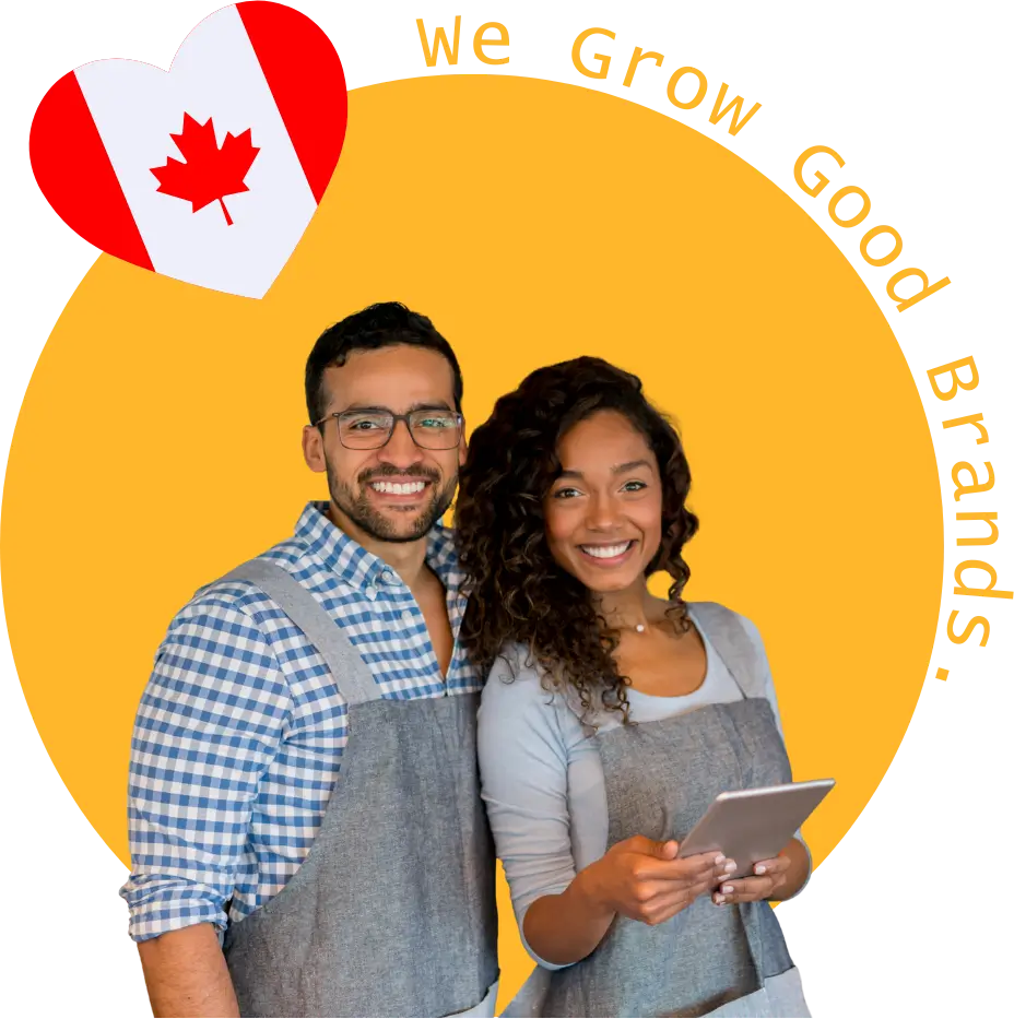 Two happy Canadian business owners looking ahead beside “We Grow Good Brands” and Canadian flag graphics.
