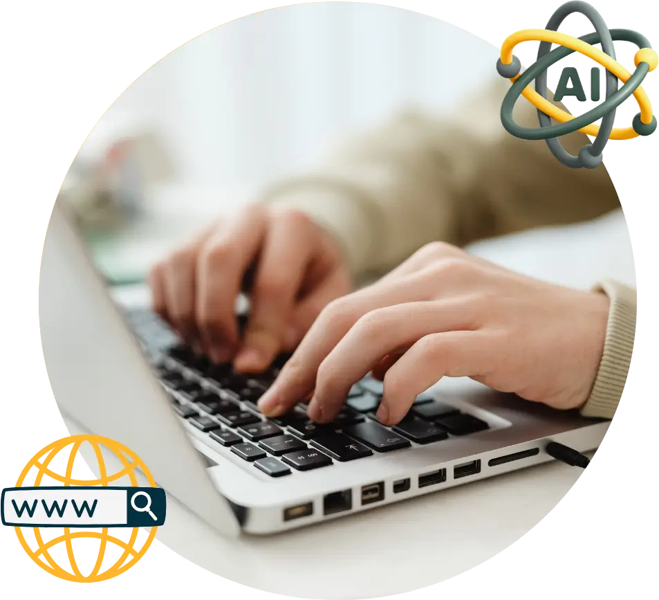 Hands on a laptop with Google web and AI search icons, symbolizing search optimization and the CAUSE SEO Marketing System