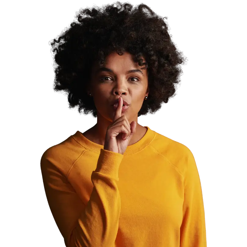 Woman gesturing it’s a secret, introducing the story behind CEO Leah Carter and the founding of CAUSE Marketing Agency.