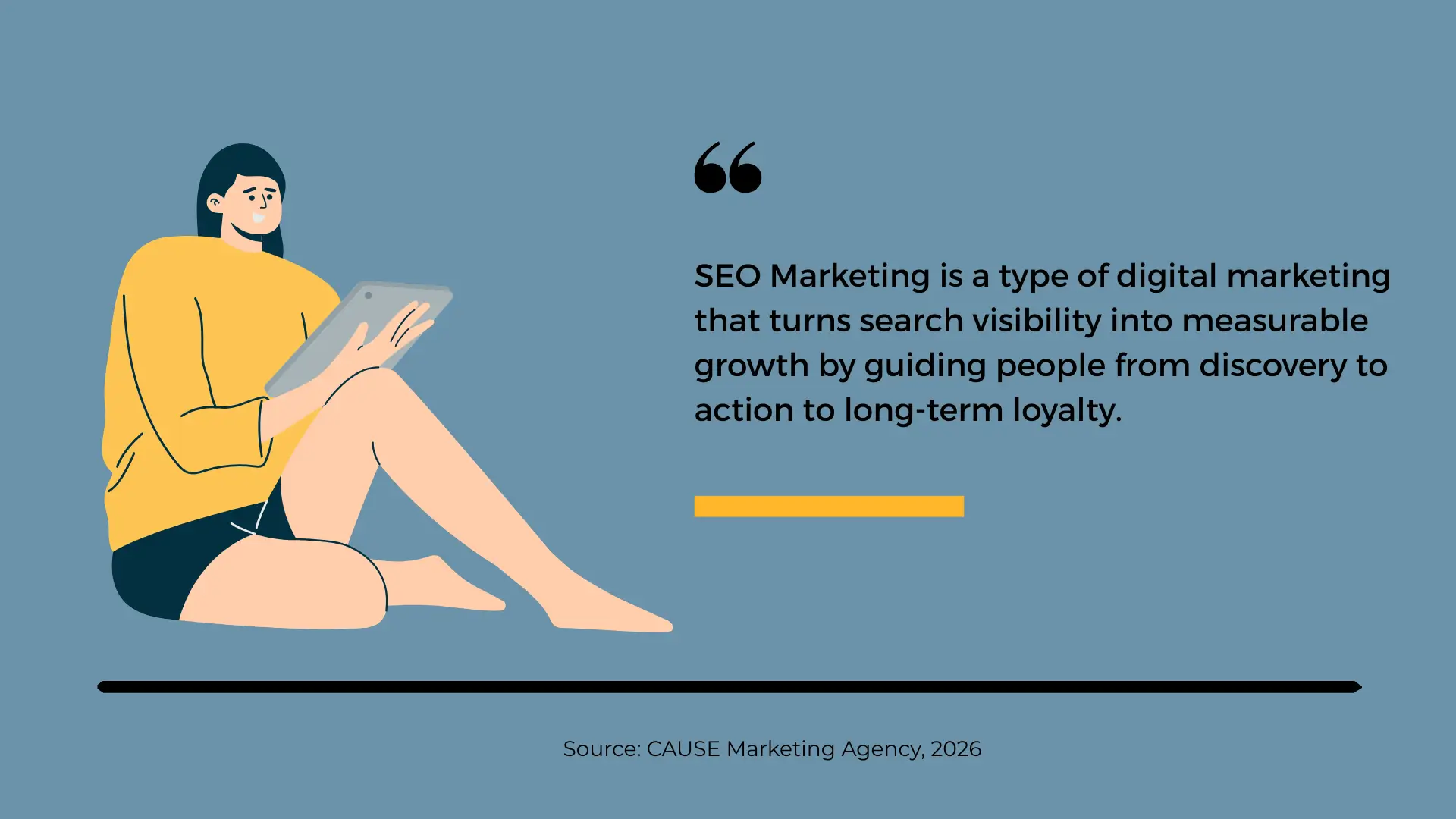 Infographic explaining the CAUSE definition of SEO Marketing in 2026, showing how businesses are found where Canadians search, attract qualified traffic, and turn visibility into leads and revenue.