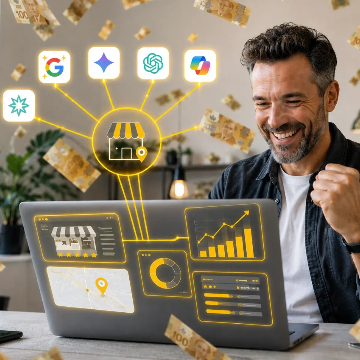 Happy local business owner celebrating increased revenue after optimizing his Google Business Profile and website for AI-powered search.