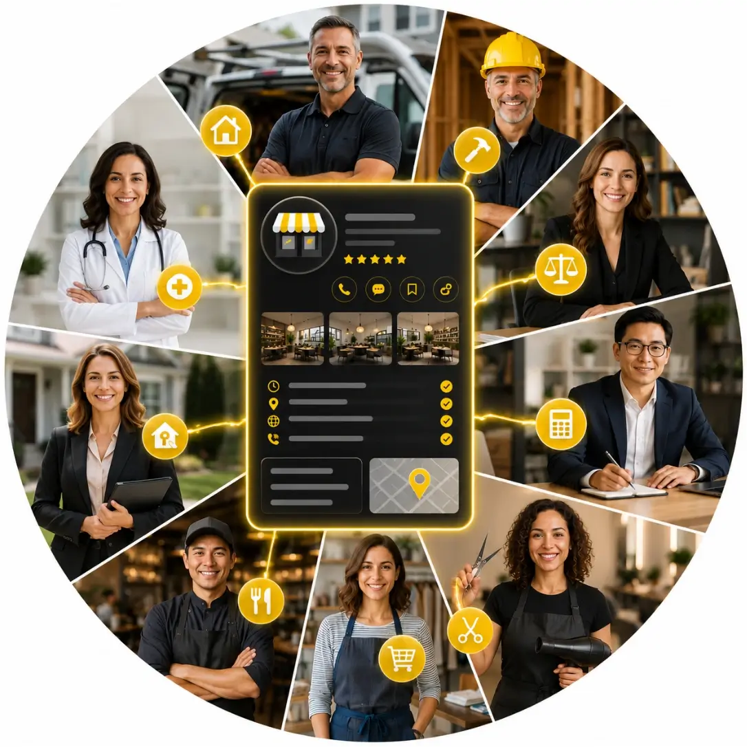 Diverse group of local business owners, including contractors, lawyers, healthcare providers, realtors, salon owners, retailers, and restaurant owners who benefit from Google Business Profile AEO Optimization.