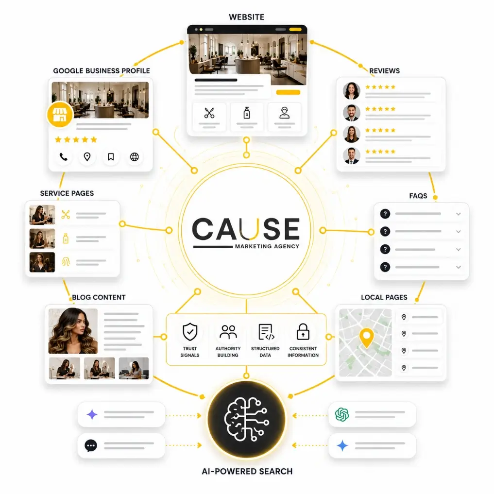 Visual representation of a connected digital ecosystem including websites, Google Business Profiles, reviews, FAQs, service pages, blogs, and AI-powered search.