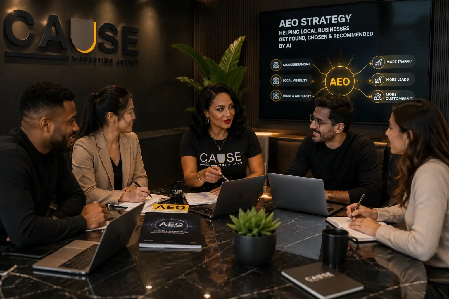 CAUSE Marketing Agency team doing a comparison of traditional Google search results and AI-generated search results showing how customers now discover local businesses.