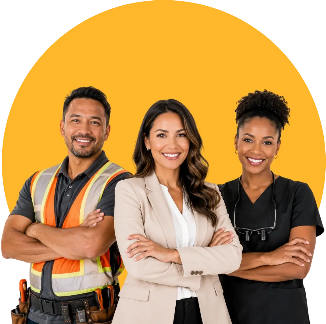 Diverse group of local business owners including contractors, dentists, lawyers, spa owners, landscapers, and professional service providers benefiting from Answer Engine Optimization.