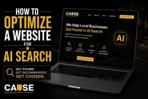 "How to Optimize a Website for AI Search featuring a laptop displaying an AI-optimized business website.