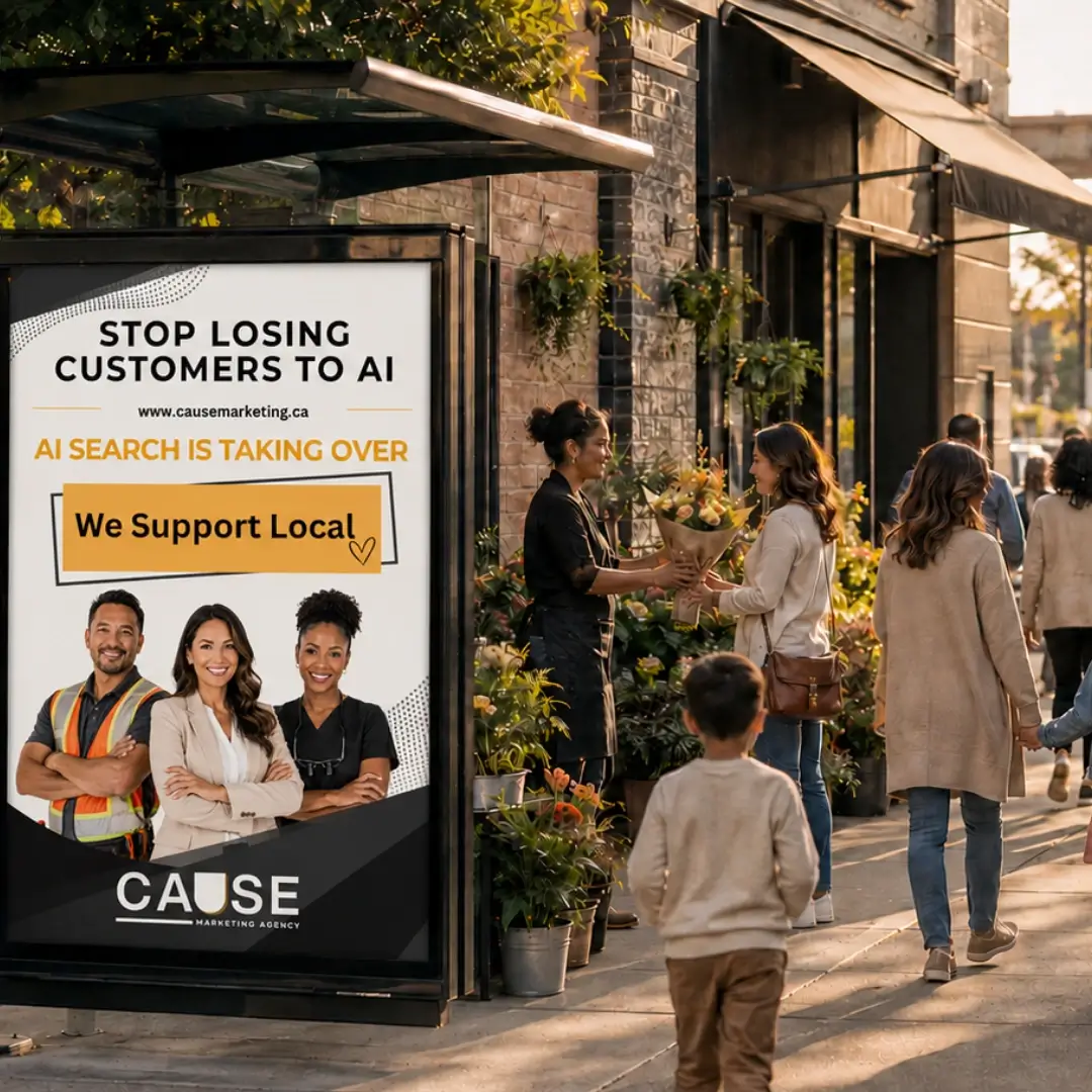 Thriving Toronto neighbourhood with families and local business owners beside a CAUSE Marketing We Support Local advertisement.