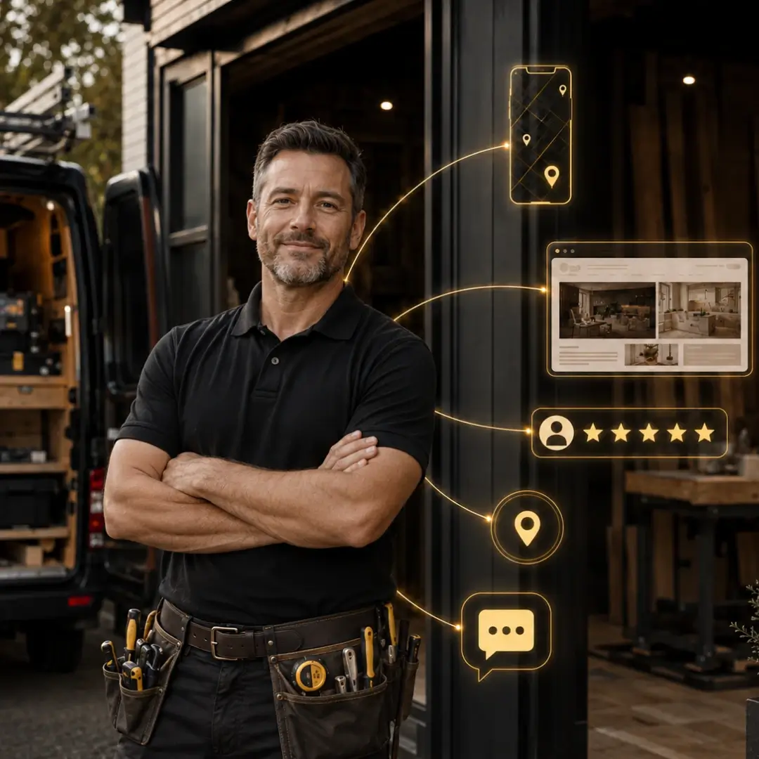 Local contractor connected to a business profile, website, map location, customer reviews and AI search.