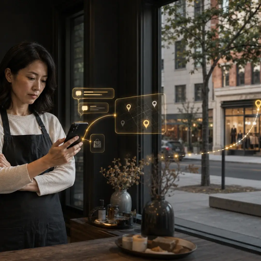 Local business owner viewing AI-powered search results that highlight a competing business.