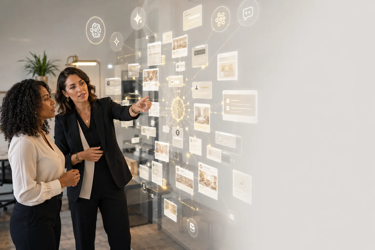 Two women in business attire interacting with a digital display of graphs and information