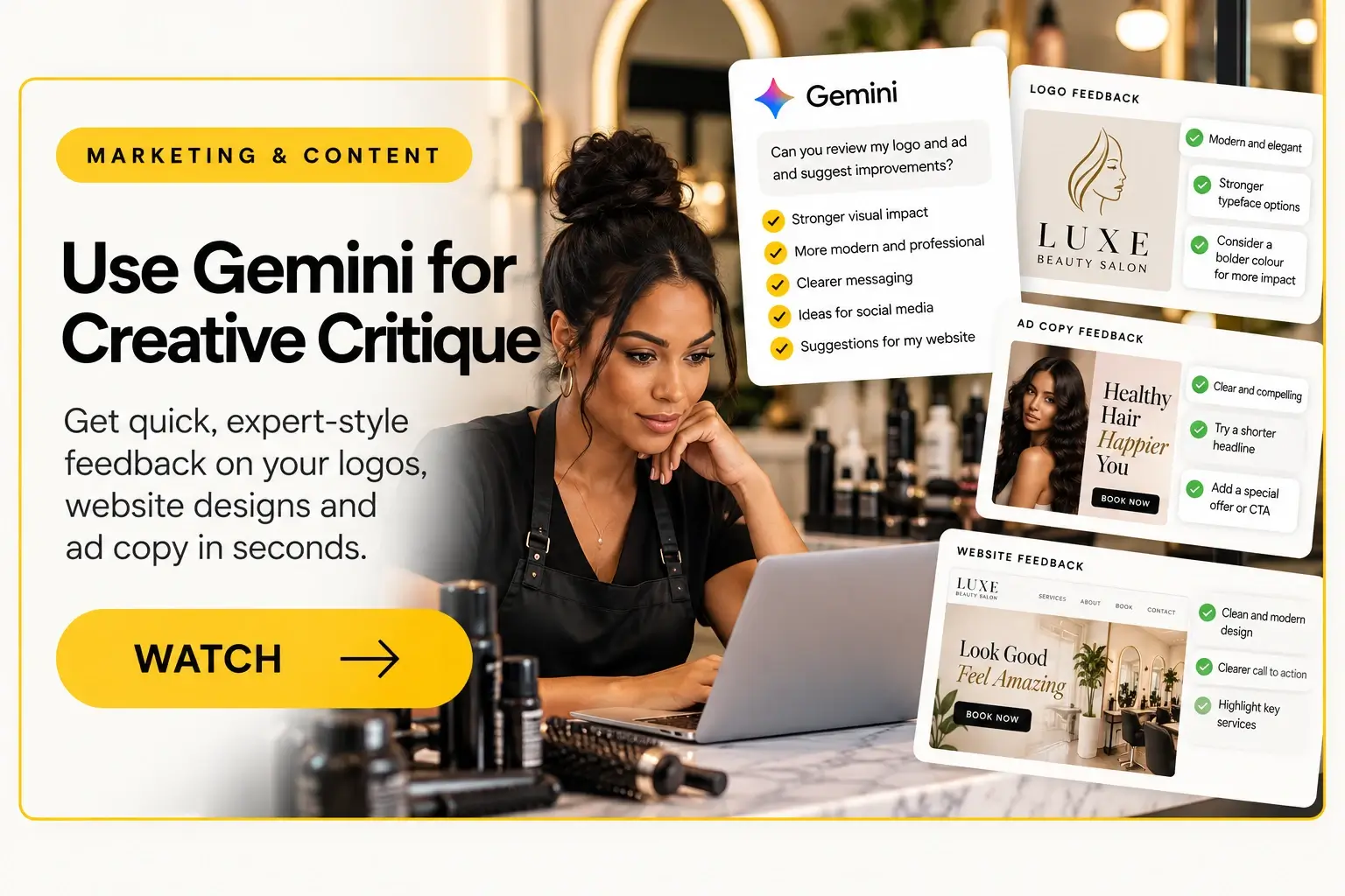Small business owner using Gemini to review and improve creative marketing, including logos, website designs and ad copy.