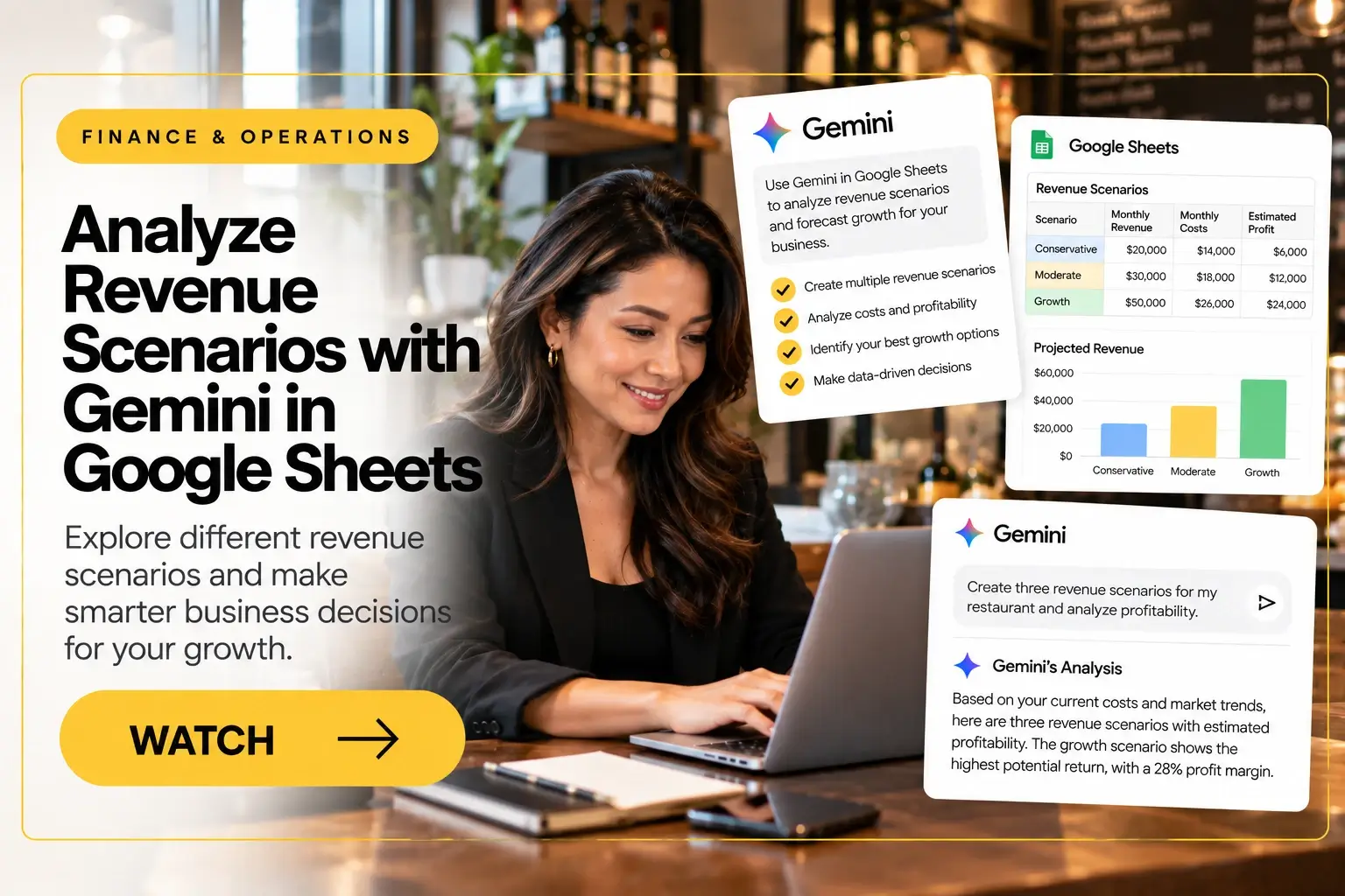 Restaurant owner using Gemini in Google Sheets to analyze revenue scenarios, costs, profitability and business growth opportunities.