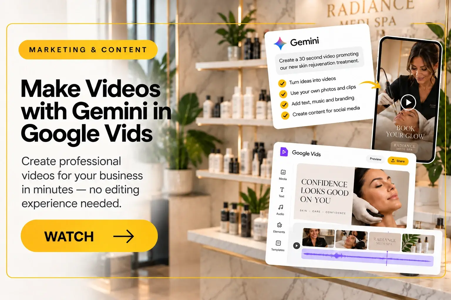 Med spa owner using Gemini and Google Vids to create professional branded videos for her business.