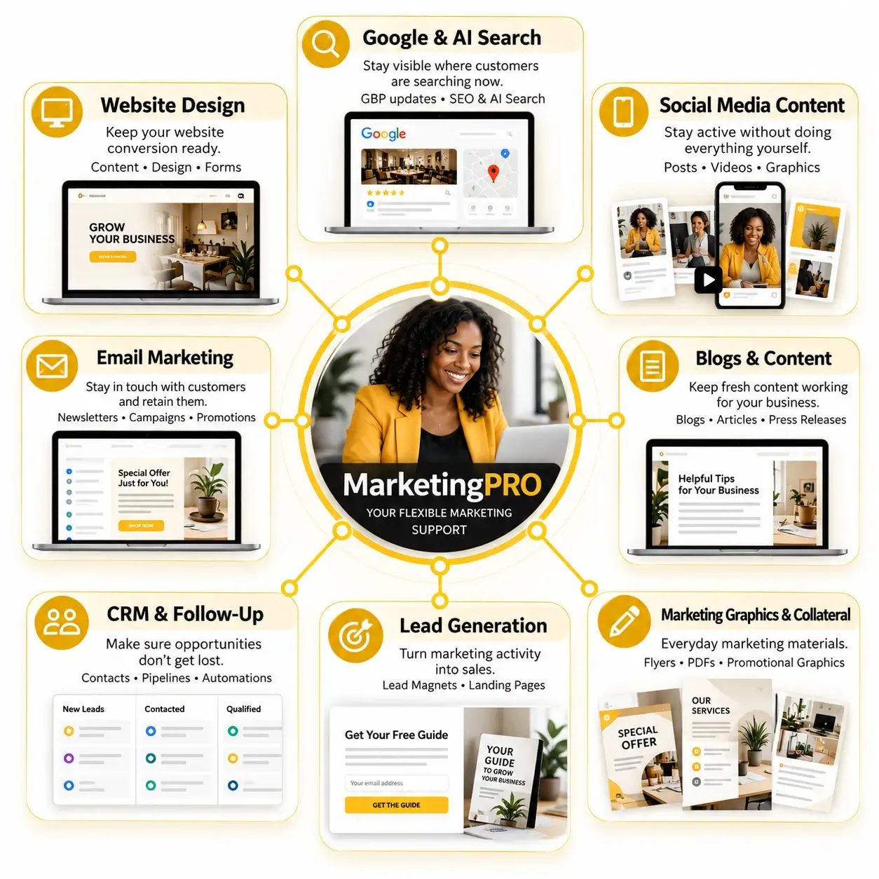 MarketingPRO services including AI Search, website design, social media, email marketing, content, CRM and lead generation